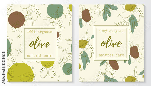 Vector set of olive natural cosmetic horizontal banners on a pattern. Vector hand drawn illustration