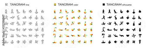 Fototapeta Vector set of tangrams consisting of line, color and silhouette illustrations. Isolated icons on a white background. Tangram children brain game cutting transformation puzzle vector set.