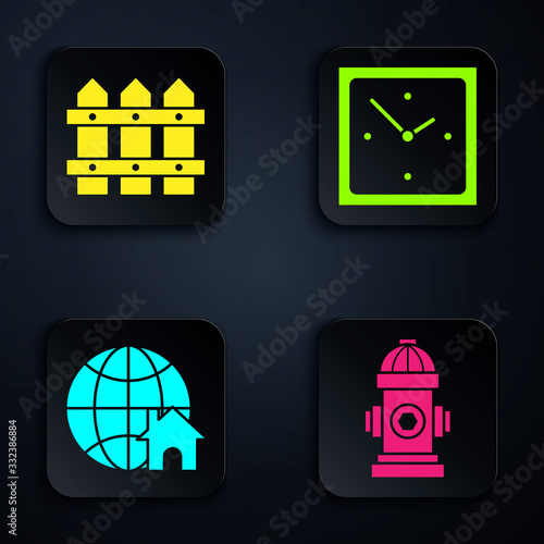 Set Fire hydrant, Garden fence wooden, Globe with house symbol and Clock. Black square button. Vector