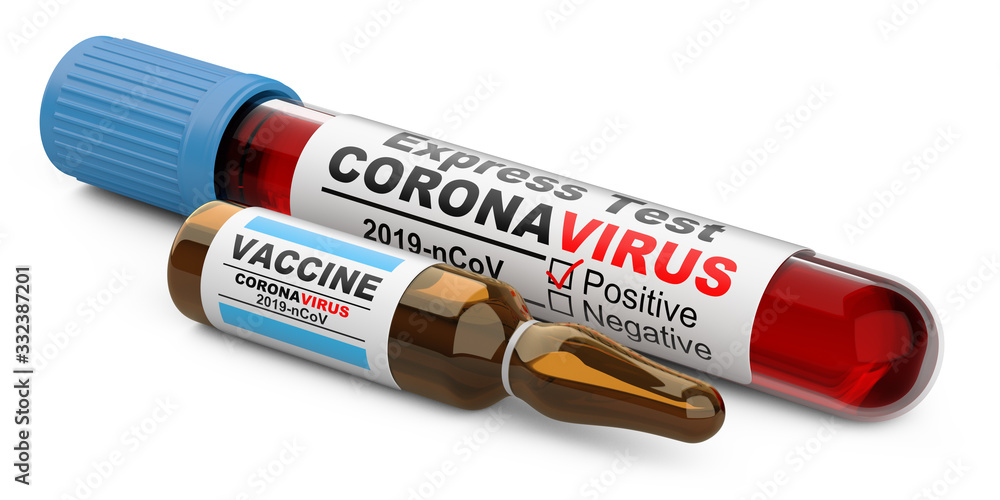 Tube with blood for a coronavirus test and glass flask an antiviral vaccine inside. Rescue medical kit. Tube with blood for a coronavirus test and glass flask an antiviral vaccine inside. Rescue medical kit.