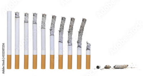 Set burning cigarette in different stages  with brown filter  isolated on white  clipping path