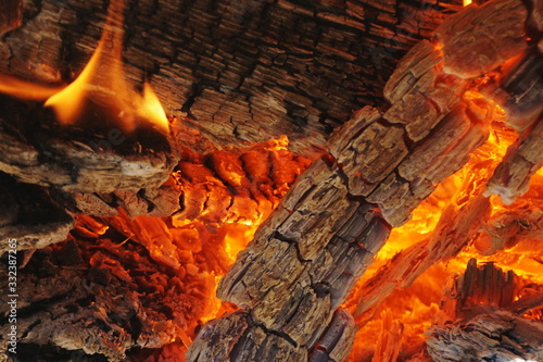 Background of burning logs in the oven, selective focus.