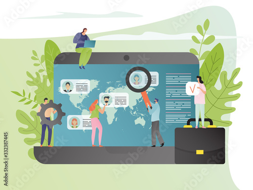 Know your customer concept, tiny people research client database online, vector illustration. Business analytics marketing, user data information analysis. Customer digital profile network strategy