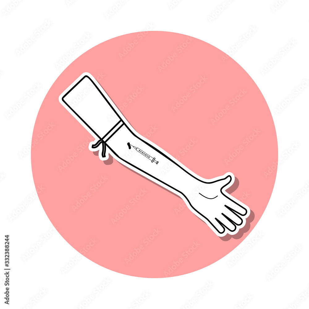 syringe in the hands of drug addiction sticker icon. Simple thin line, outline vector of Death icons for ui and ux, website or mobile application syringe in the hands of drug addiction sticker icon. Simple thin line, outline vector of Death icons for ui and ux, website or mobile application