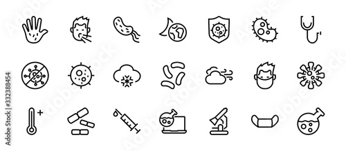 CORONAVIRUS a set of icons on the theme of Coronavirus, contains such icons as nucleation, hand washing, mask, bacteria, sneezing, Editable stroke, on a white background