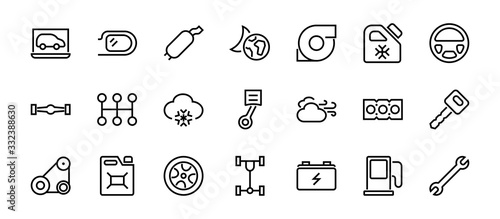 A simple set of car services related vector line icons. Contains icons such as oil, diagnostics, turbine, steering wheel, chassis, gearbox and much more. Editable move. 480x480 On a white background