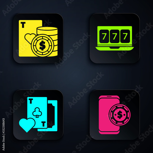 Set Online poker table game, Casino chip and playing cards, Playing card with clubs symbol and Online slot machine with lucky sevens jackpot. Black square button. Vector