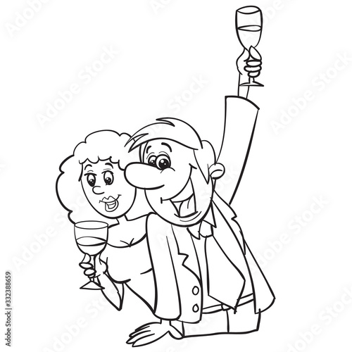 man and woman drink champagne, man makes a toast, outline drawing, cartoon, isolated object on a white background, vector illustration,
