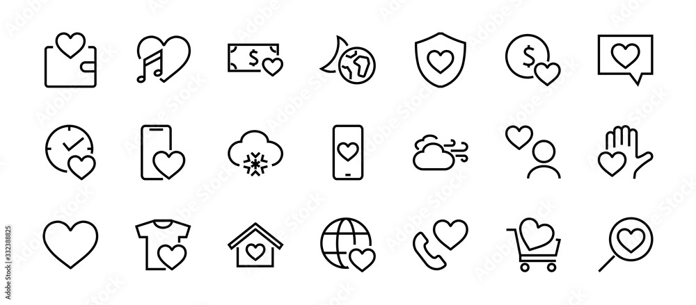 The set of icons about love contains such icons as love of music, declaration of love, heart, favorite home, Linear set. Vector on a white background. Editable stroke. 480x480 The set of icons about love contains such icons as love of music, declaration of love, heart, favorite home, Linear set. Vector on a white background. Editable stroke. 480x480