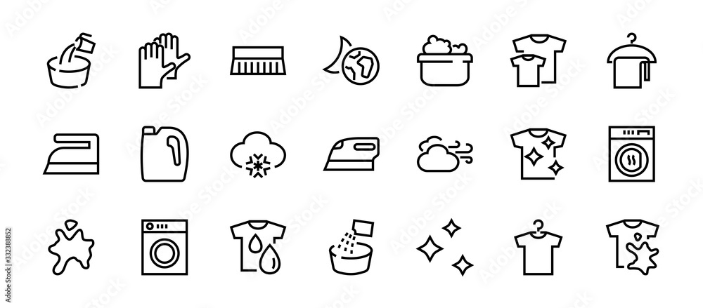  Simple set of washing related vector line Icons. Contains icons such as washing machine, powder, laundry, dirty t-shirt and much more. On a white background, editable stroke. 48x48 pixels perfect