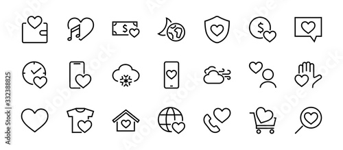  The set of icons about love contains such icons as love of music, declaration of love, heart, favorite home, Linear set. Vector on a white background. Editable stroke. 480x480