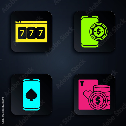 Set Casino chip and playing cards, Online slot machine with lucky sevens jackpot, Online poker table game and Online poker table game. Black square button. Vector
