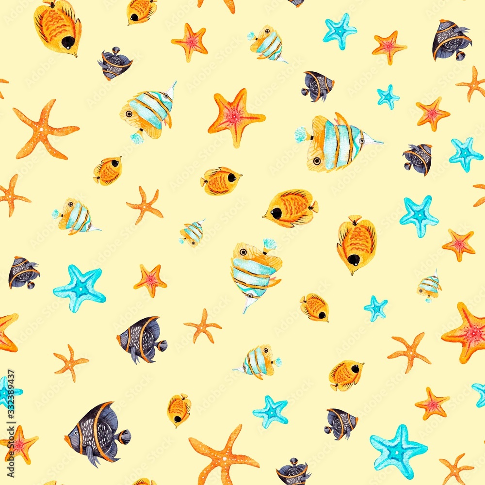 Seamless watercolor pattern. Coral fish, starfish, butterfly fish on a yellow background. Perfect for textiles, wrapping paper, wallpaper, design.