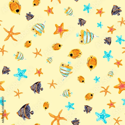 Seamless watercolor pattern. Coral fish, starfish, butterfly fish on a yellow background. Perfect for textiles, wrapping paper, wallpaper, design. © Tatiana