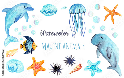 Watercolor set of isolated marine inhabitants. Perfect for logo  wallpaper  postcard  poster  sticker  design.