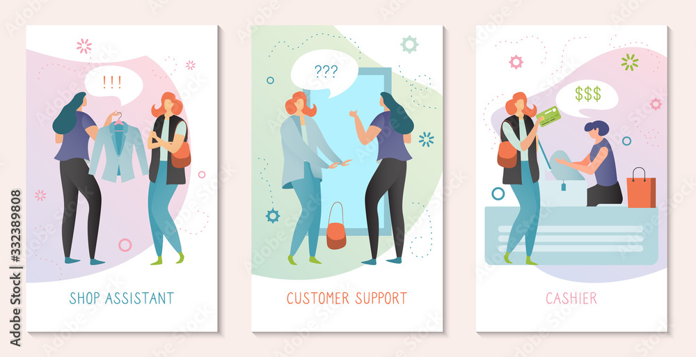 Shopping assistant concept, woman customer support, people in fashion store, vector illustration. Set of banners cards in flat style, client buying clothes in modern boutique, consumer service advice
