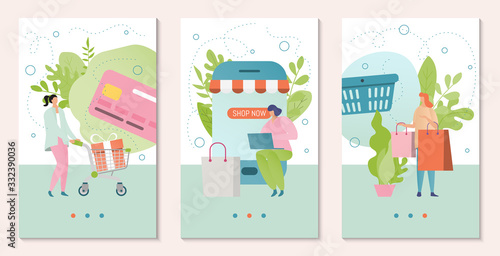 People shopping online, mobile app concept, woman buy gifts in internet store, vector illustration. Female cartoon character in flat style, set of banners for smartphone application, sale offer card