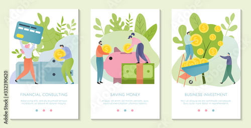Successful people invest money  financial banking concept  savings and profit  vector illustration. Set of banners with tiny cartoon characters in flat style  symbols of economy growth and investments