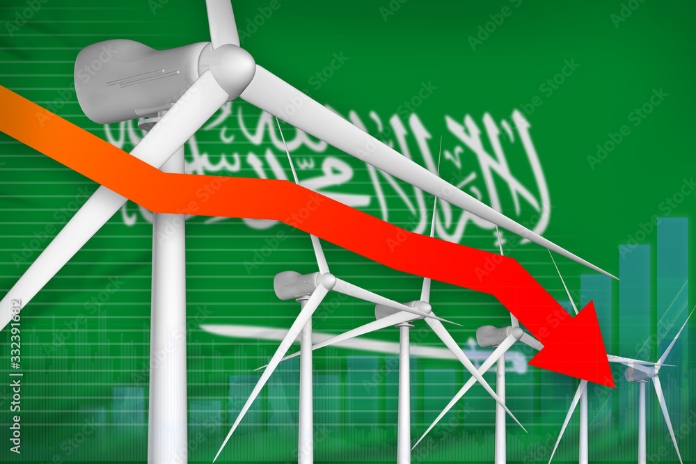 Fototapeta premium Saudi Arabia wind energy power lowering chart, arrow down - alternative natural energy industrial illustration. 3D Illustration