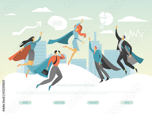Superhero business people, successful men and women flying above city, website concept, vector illustration. Flat cartoon characters, team of managers, leaders and entrepreneurs, career achievement
