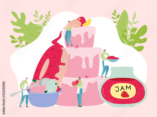 Sweets production concept, tiny people team bake cake with jam for summer cafe, vector illustration. Bakery dessert food cooking process, team of cartoon characters decorating pastry products together