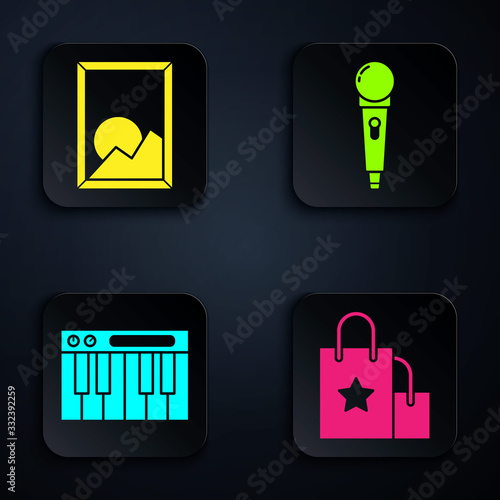 Set Paper shopping bag, Picture landscape, Music synthesizer and Microphone. Black square button. Vector