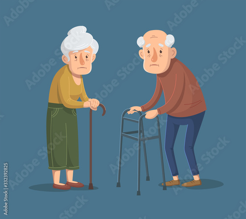 Couple of old people is standing with walking frame and stick. Vector illustration.