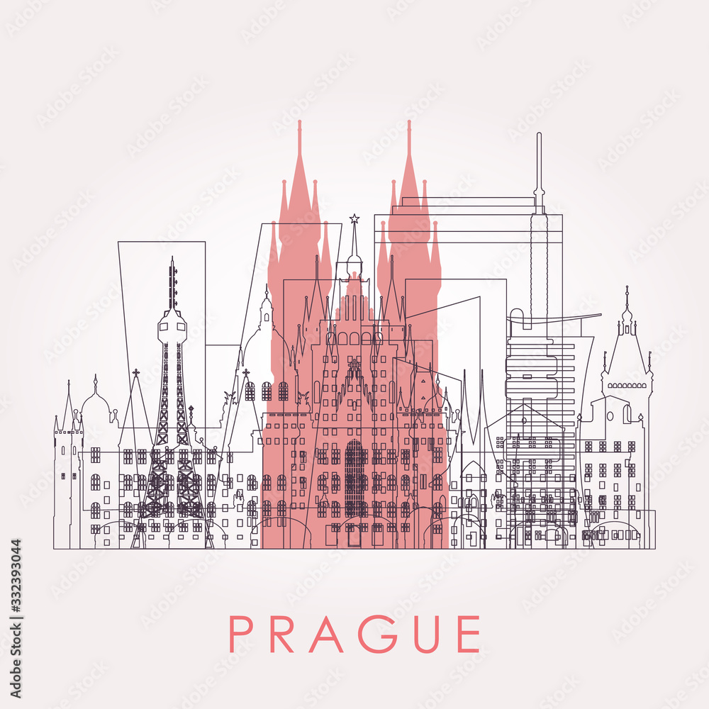 Outline Prague skyline with landmarks. Vector illustration. Business travel and tourism concept with historic buildings. Image for presentation, banner, placard and web site.