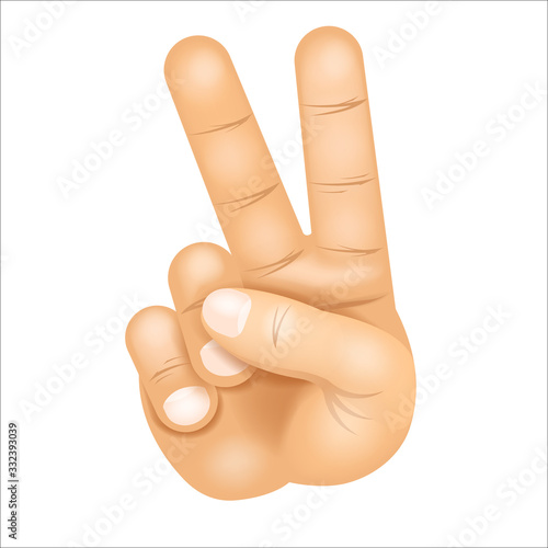 Cartoon realistic victory peace V sign hand gesture index middle fingers raised parted icon design vector illustration