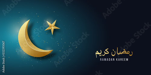 Ramadan Kareem Horizontal banner with golden crescent and star on dark blue background. 3d gold crescent illustration. Modern arabic greeting design. Translation of text : Ramadan Kareem.