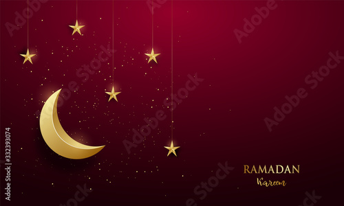 Shiny golden crescent and shiny stars on dark red background or the occasion of Muslim celebrate Ramadan Kareem. Vector greeting banner.