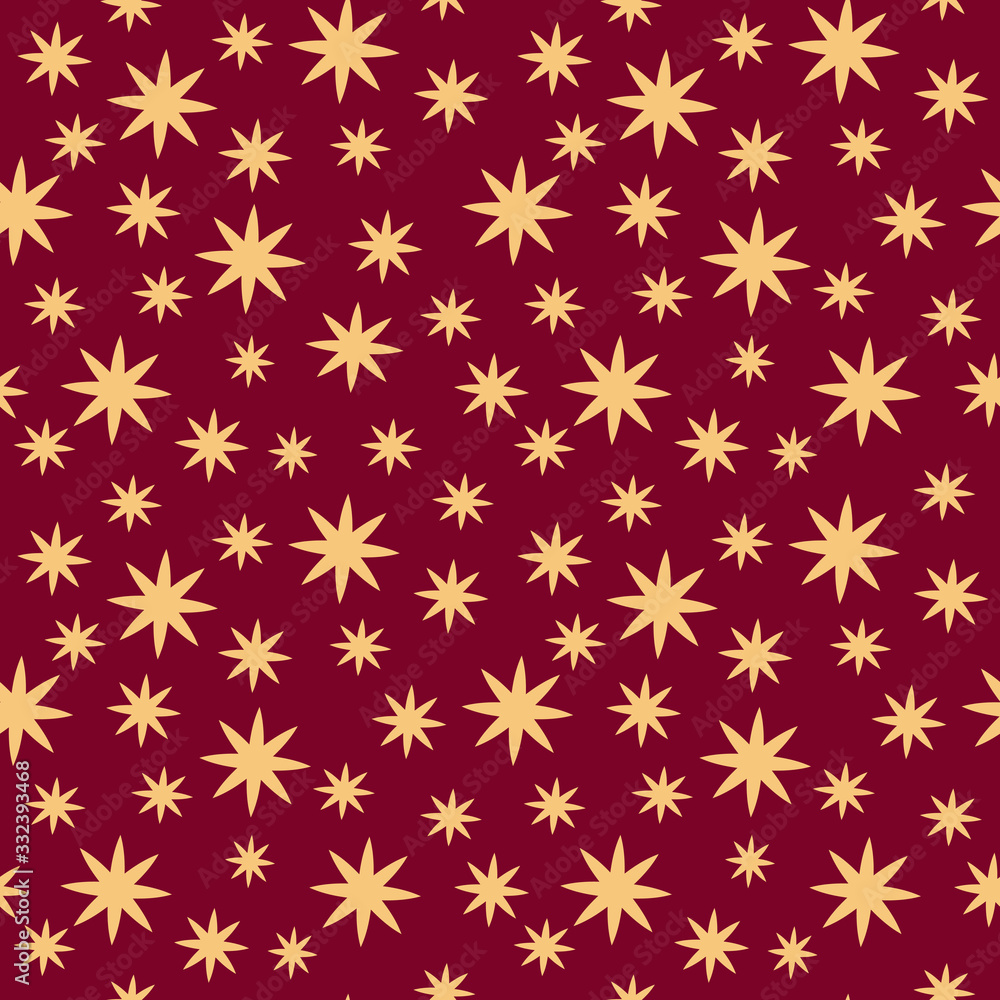 Vector seamless pattern with gold stars on a red background. Endless Christmas texture. Modern printing. Beautiful ornament for wrapping paper, gift packaging, textiles. Vector seamless pattern with gold stars on a red background. Endless Christmas texture. Modern printing. Beautiful ornament for wrapping paper, gift packaging, textiles.