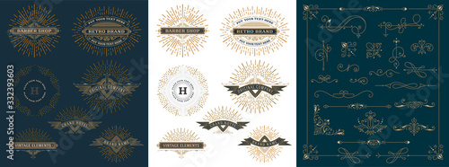 Set of design labels, banners and floral ornaments