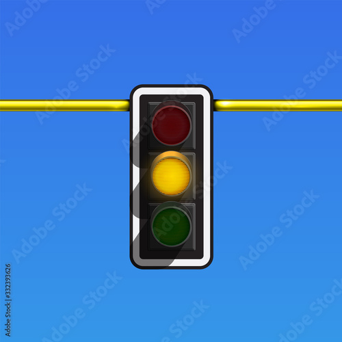 Realistic traffic lamp on a pole with only yellow lamp glowing, vector illustration