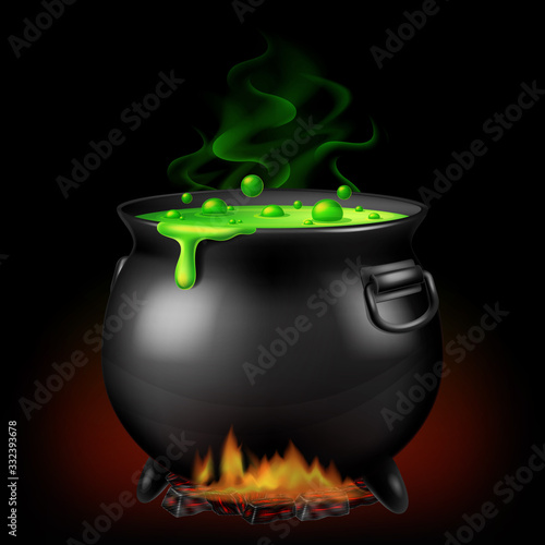 Halloween witch cauldron with bubbling green goo. Vector illustration.	