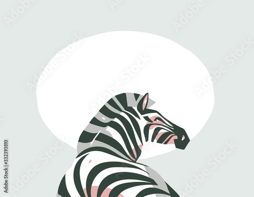 Hand drawn vector abstract cartoon modern graphic African Safari collage illustrations art banner with safari animals isolated on pastel color background