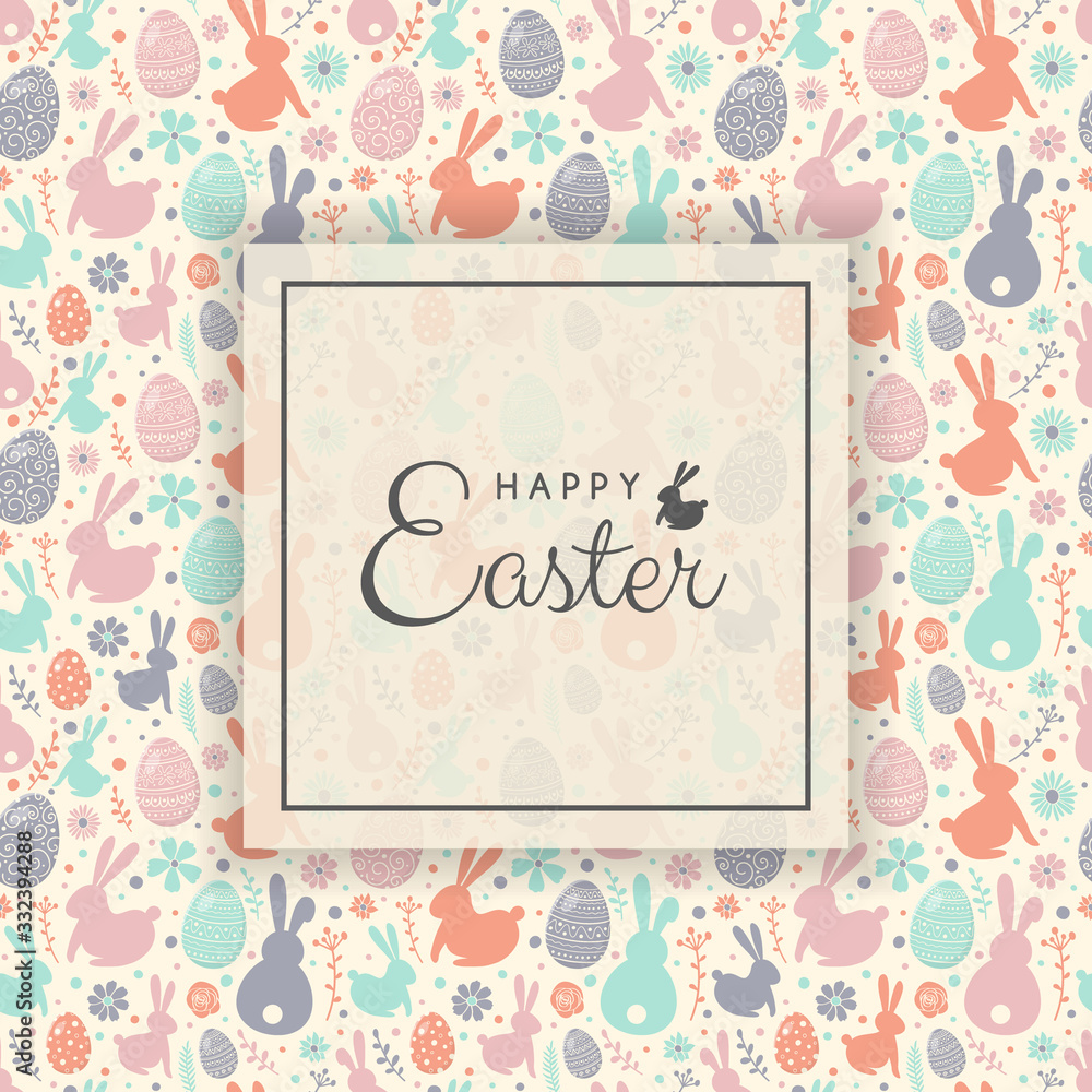 Easter greeting card with colourful bunnies, eggs and flowers. Vector Easter greeting card with colourful bunnies, eggs and flowers. Vector