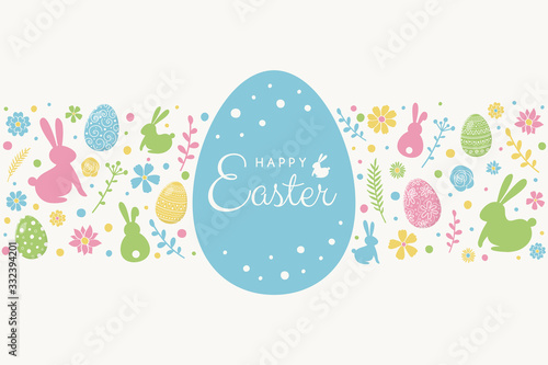 Easter greeting card with colourful bunnies, eggs and flowers. Vector
