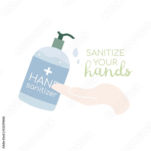 Hand sanitizer bottle isolated. Disinfection. Alcohol gel used against viruses, bacteria, flu, coronavirus, covid-19. Waterless hand cleaner. Hand washing. Vector illustration, flat design.
