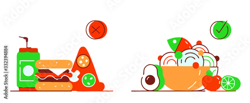 proper nutrition. vegetables and fruits. harmful food