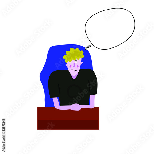 the guy is sitting and thinking about something, a cloud of thoughts comes out of his head. Isolated vector.