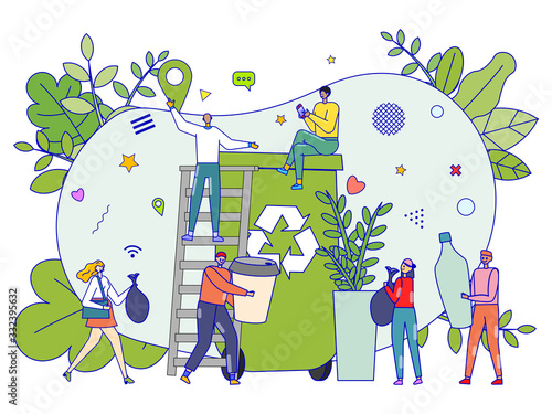 Zero waste concept, tiny people recycling garbage, ecology environment, vector illustration. Happy men and women cartoon characters in flat design, green lifestyle. Reduce plastic use and sort trash