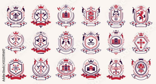 Classic style emblems big set, ancient heraldic symbols awards and labels collection, classical heraldry design elements, family or business emblems.