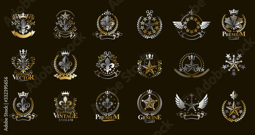 Classic style stars emblems big set, ancient heraldic symbols awards and labels collection, classical heraldry design elements, family or business emblems.