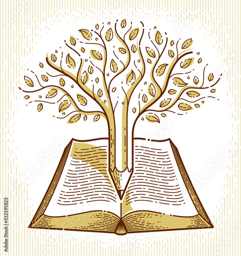 Tree combined with pencil over open vintage book education or science knowledge concept, educational or scientific literature library vector logo or emblem.