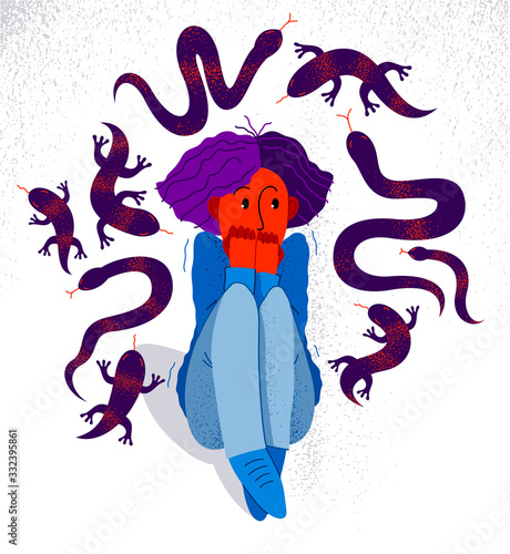 Herpetophobia fear of reptiles snakes and lizards vector illustration, girl surrounded by imaginary reptiles in panic attack and fear, mental health concept.