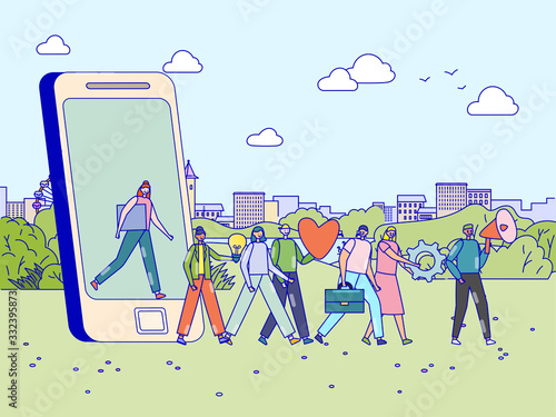 Loyalty referral program concept, happy people walking out of smartphone and following leader, vector illustration. Cheerful men and women cartoon characters in flat style. Customer recommendation
