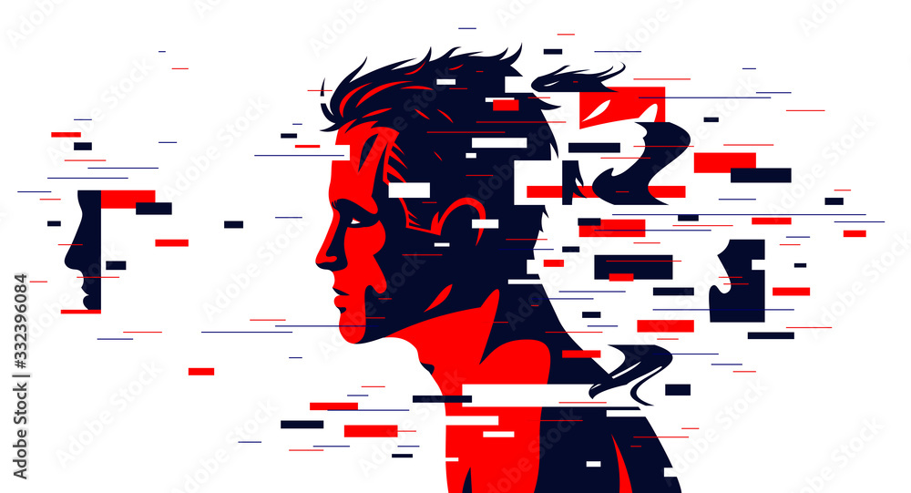 Man profile with glitch dynamic particles in motion vector illustration, mindfulness philosophical and psychological theme, neural network, technology or psychology concept. - obrazy, fototapety, plakaty 