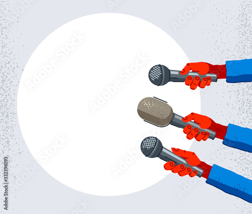 Hands with microphones to a blank copy space vector mockup for advertising or some message, news sensation theme, interview public speech.