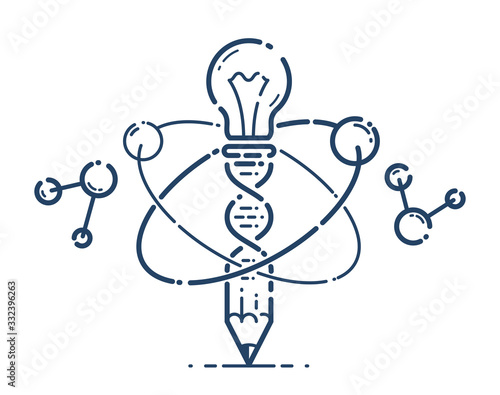 Pencil with light bulb and atom vector simple linear icon, education science physics line art symbol, scientific technology ideas creative solution.